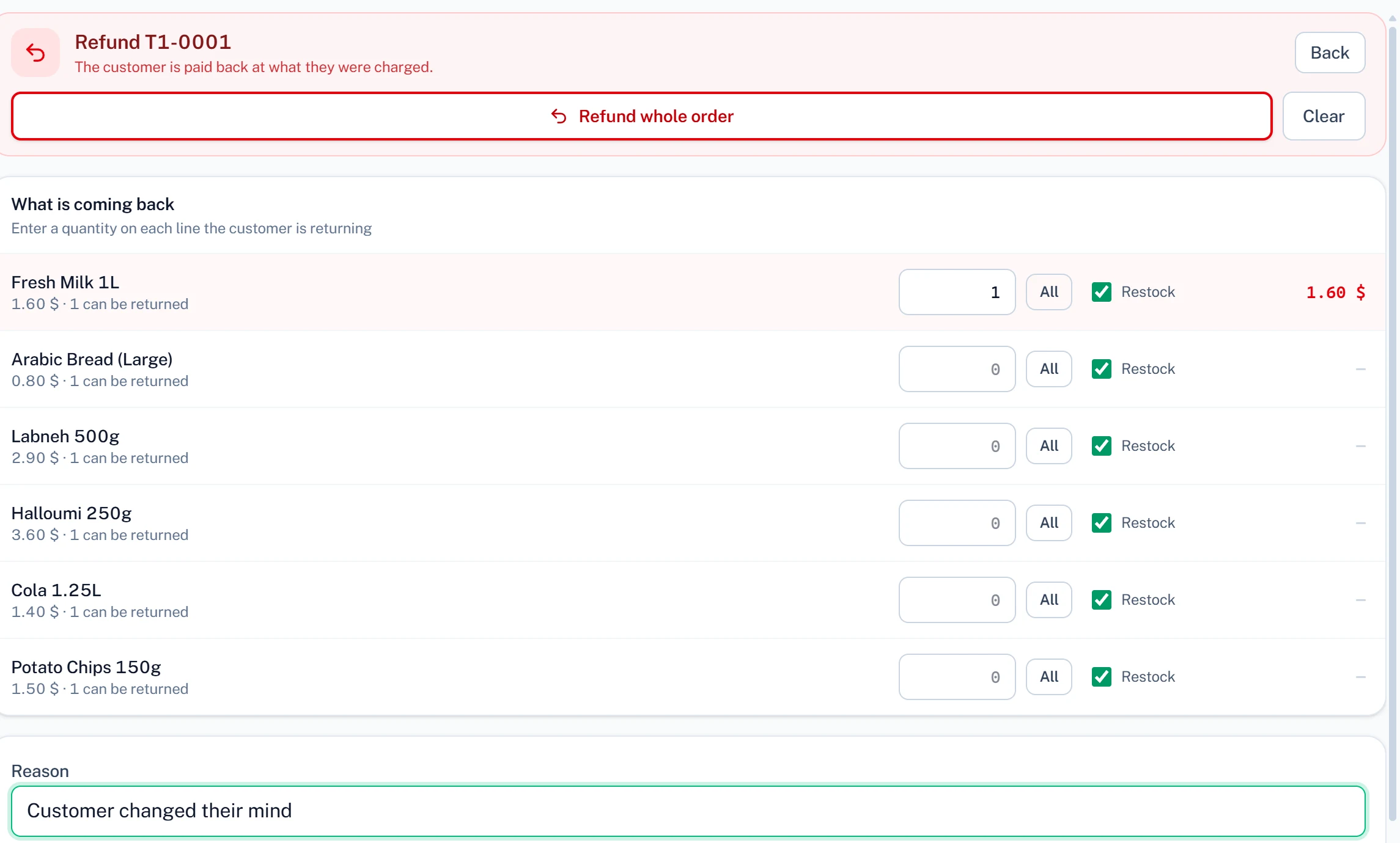 A refund: each line of the order with its own quantity to return and a restock switch, and a reason.