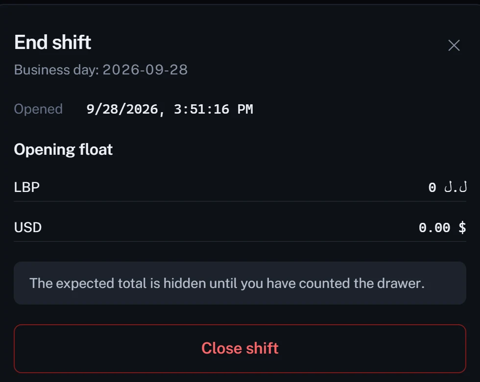 Closing a shift: the expected total is hidden until the drawer has been counted.
